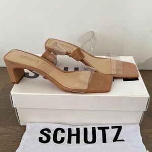 SCHUTZ Tan Heels with Modern Square-Toe Design